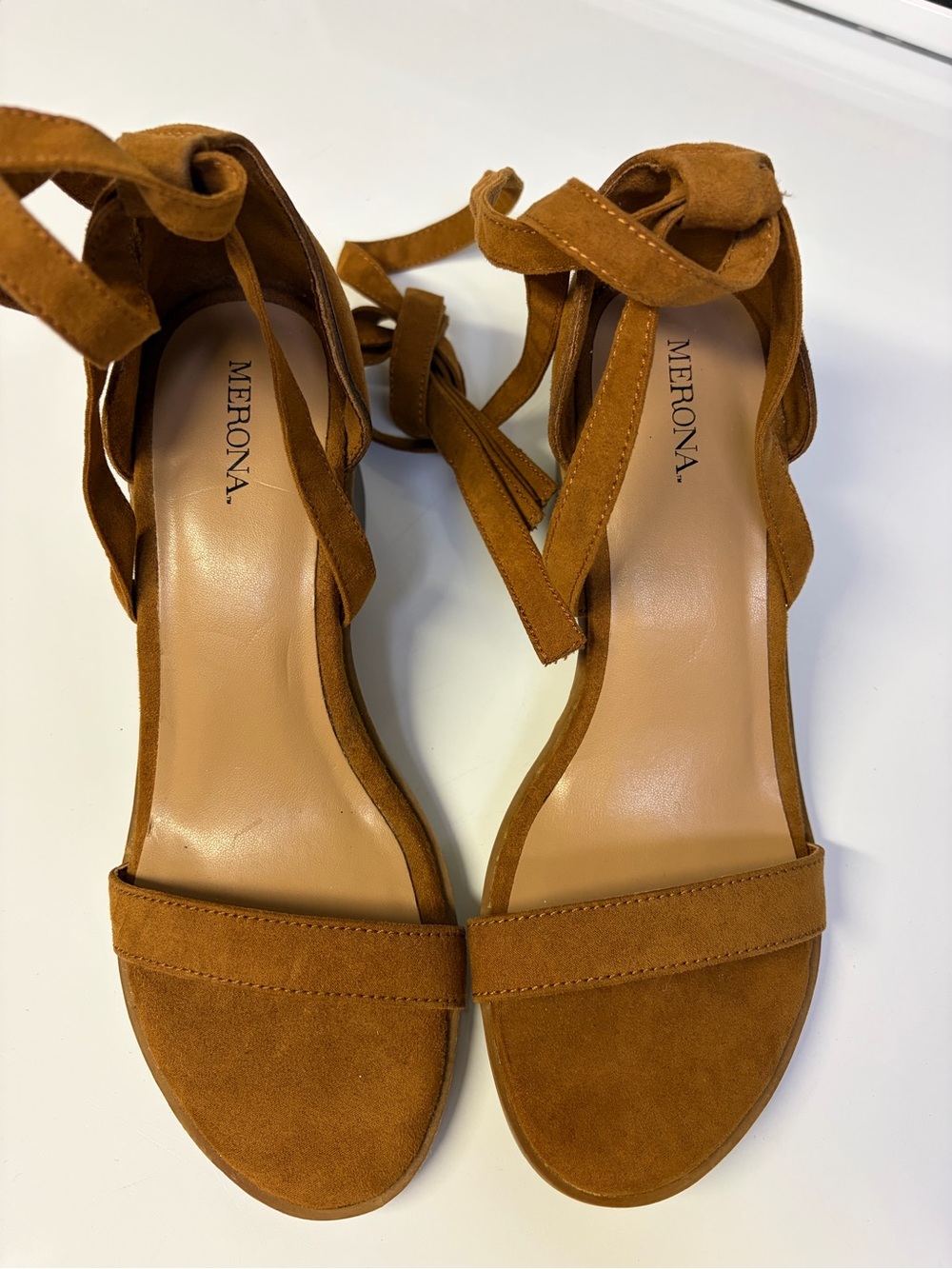 Merona Cognac Suede Ankle-Tie Block Heel Sandals